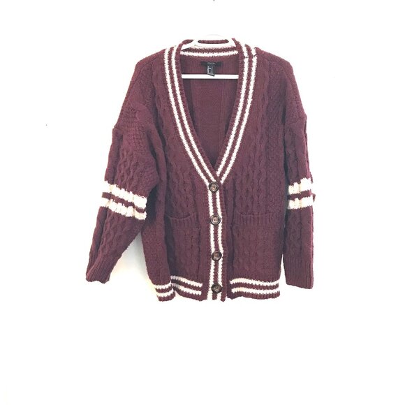 Burgandy cardigan tennis prep preppy academia women S cable knit chunky slouchy - Picture 1 of 8